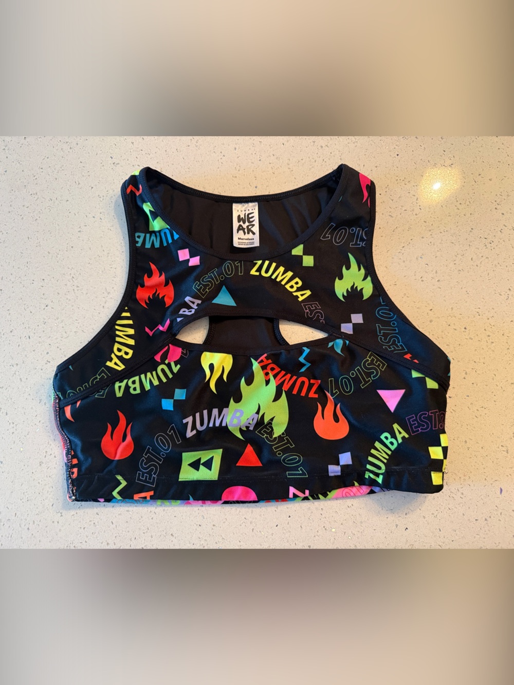 Zumba Fitness Neon Flame Cutout Sports Bra - Black Multicolor